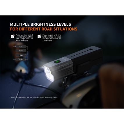 Fenix BC22R - stmievateľné LED nabíjateľné svietidlo na bicykel LED/USB 3400 mAh IP66 1400 lm 41 h čierna