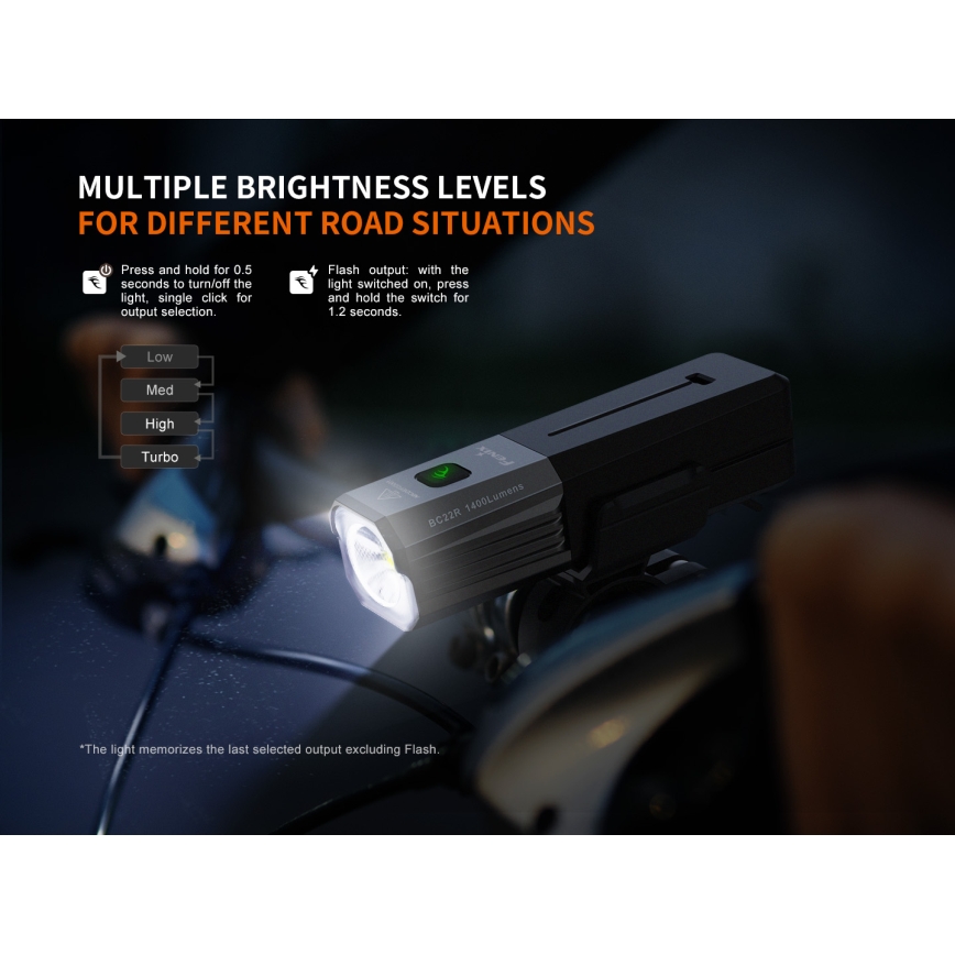 Fenix BC22R - stmievateľné LED nabíjateľné svietidlo na bicykel LED/USB 3400 mAh IP66 1400 lm 41 h čierna