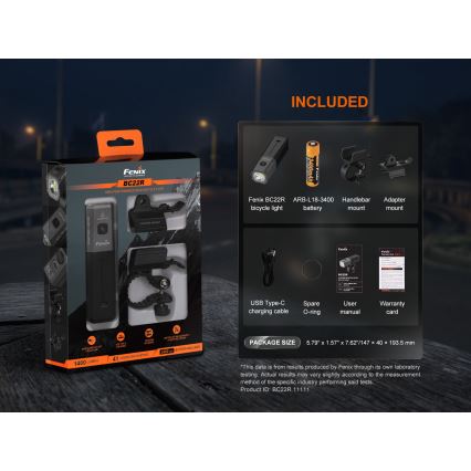 Fenix BC22R - stmievateľné LED nabíjateľné svietidlo na bicykel LED/USB 3400 mAh IP66 1400 lm 41 h čierna