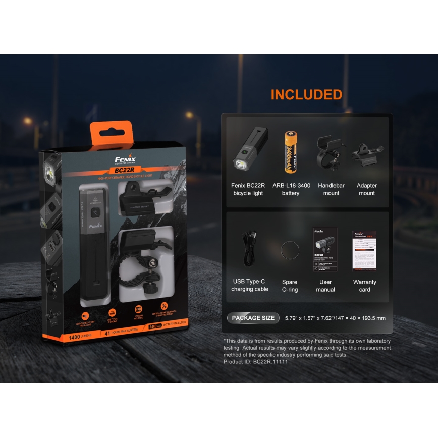 Fenix BC22R - stmievateľné LED nabíjateľné svietidlo na bicykel LED/USB 3400 mAh IP66 1400 lm 41 h čierna