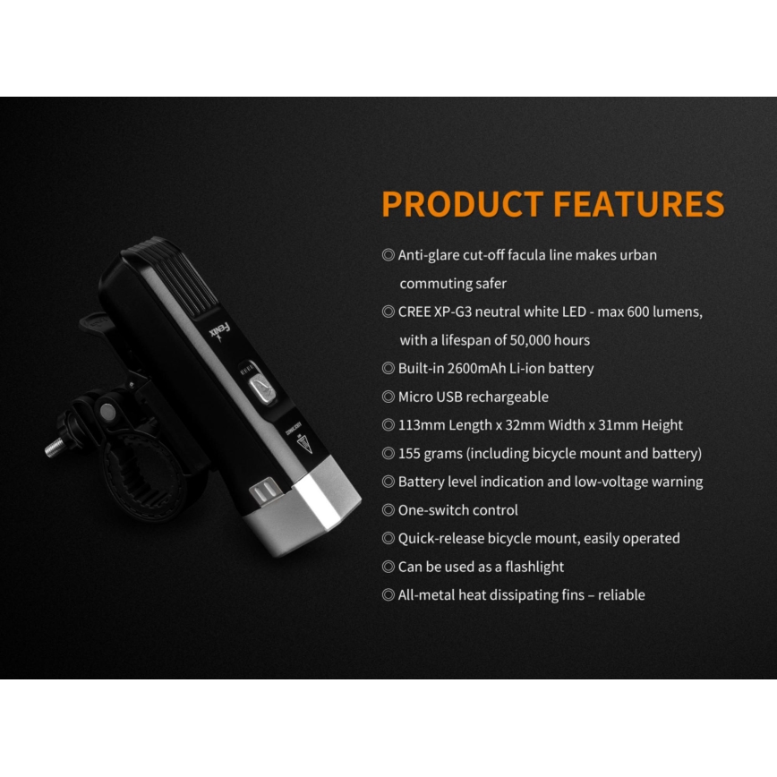 Fenix BC25R - LED Nabíjacie svetlo na bicykel LED/USB IP66 600 lm 36 h