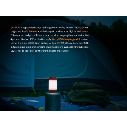 Fenix CL26RRED - LED Stmievateľná prenosná nabíjacia lampa LED/USB/2xCR123A IP66 400 lm 400 h 2600 mAh oranžová