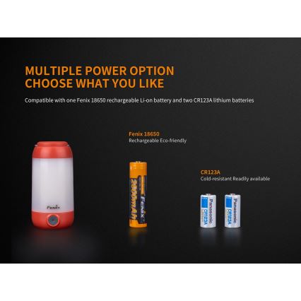 Fenix CL26RRED - LED Stmievateľná prenosná nabíjacia lampa LED/USB/2xCR123A IP66 400 lm 400 h 2600 mAh oranžová