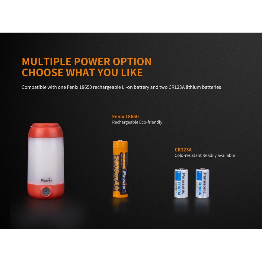 Fenix CL26RRED - LED Stmievateľná prenosná nabíjacia lampa LED/USB/2xCR123A IP66 400 lm 400 h 2600 mAh oranžová