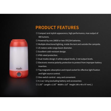 Fenix CL26RRED - LED Stmievateľná prenosná nabíjacia lampa LED/USB/2xCR123A IP66 400 lm 400 h 2600 mAh oranžová