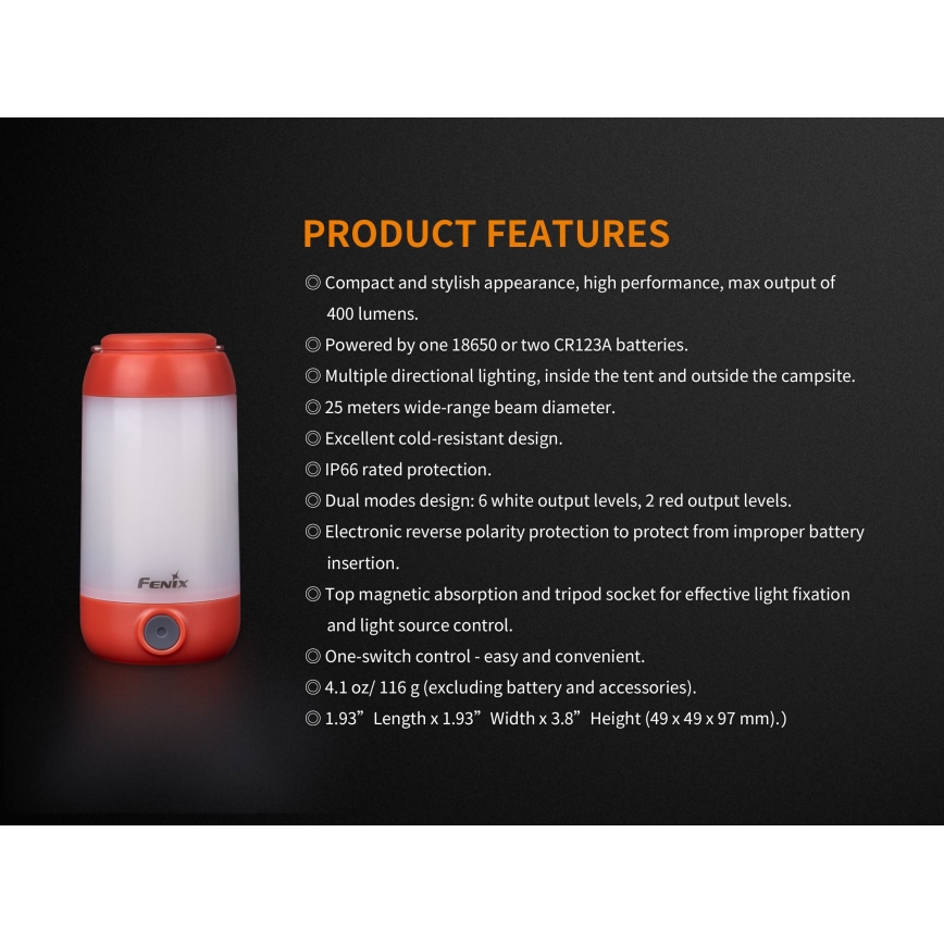 Fenix CL26RRED - LED Stmievateľná prenosná nabíjacia lampa LED/USB/2xCR123A IP66 400 lm 400 h 2600 mAh oranžová