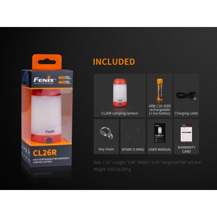 Fenix CL26RRED - LED Stmievateľná prenosná nabíjacia lampa LED/USB/2xCR123A IP66 400 lm 400 h 2600 mAh oranžová
