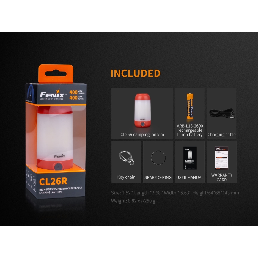 Fenix CL26RRED - LED Stmievateľná prenosná nabíjacia lampa LED/USB/2xCR123A IP66 400 lm 400 h 2600 mAh oranžová
