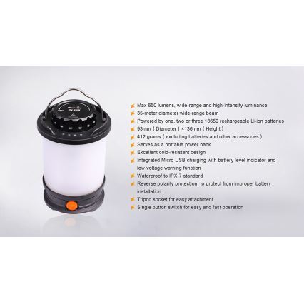 Fenix CL30R - LED Prenosná nabíhacia lampa LED/USB/6xCR123A IPX7 650 lm 300 h 2600 mAh
