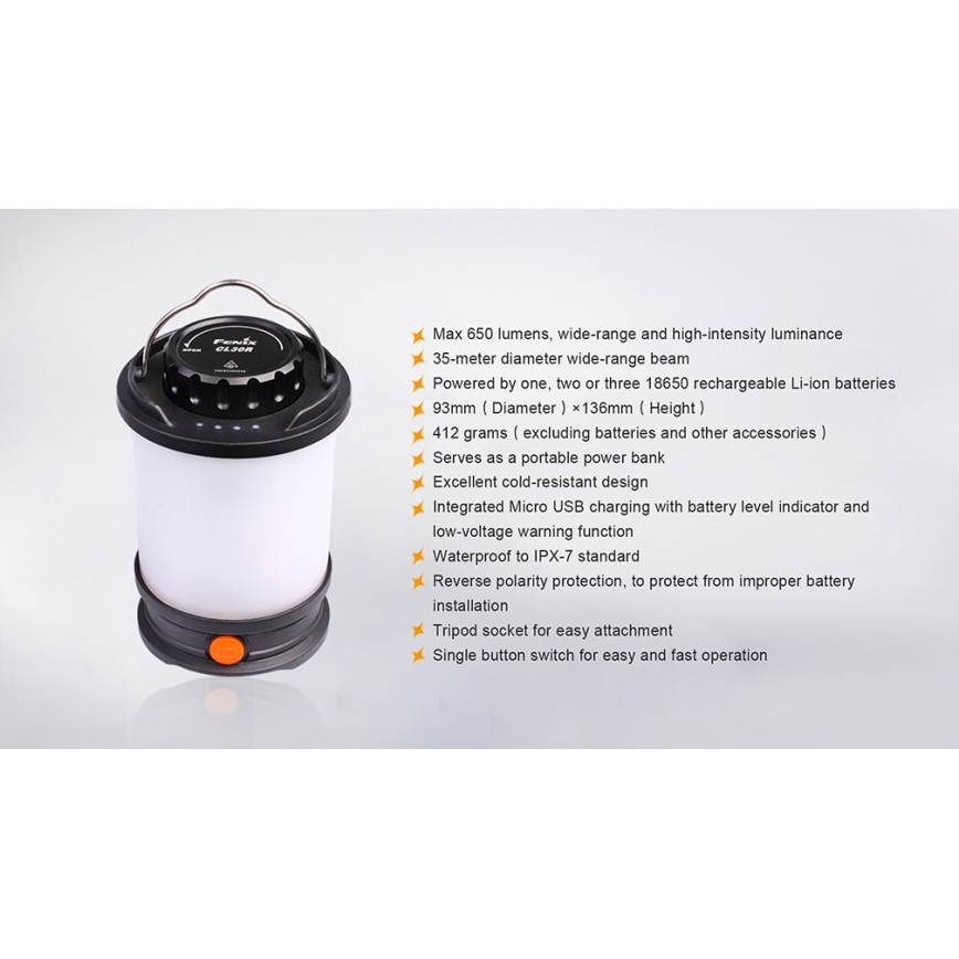 Fenix CL30R - LED Prenosná nabíhacia lampa LED/USB/6xCR123A IPX7 650 lm 300 h 2600 mAh