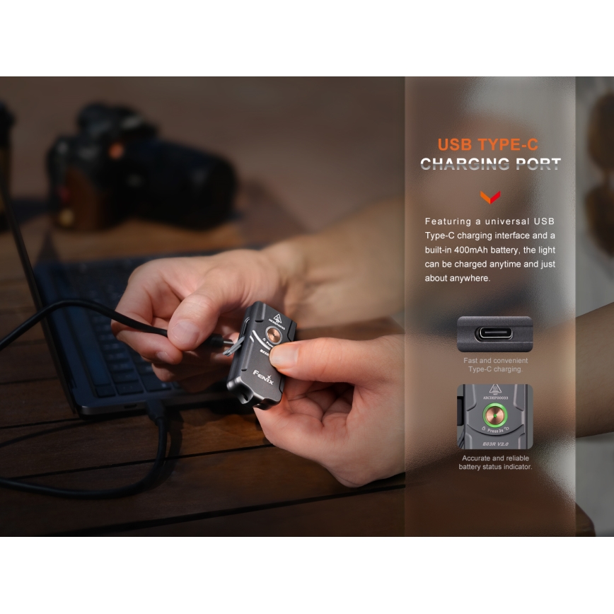 Fenix E03RV20GREY - LED nabíjacia baterka LED/USB IP66 500 lm 30 h 400 mAh