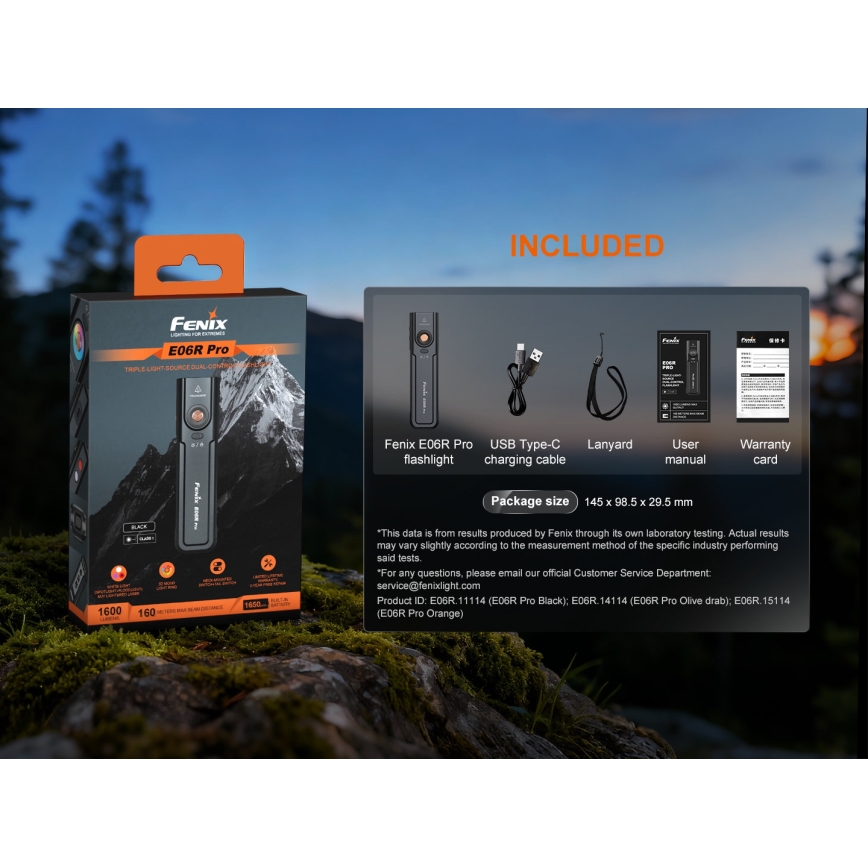 Fenix E06RPROEUBLC- Stmievateľná nabíjateľná LED baterka s USB, 1650 mAh, IP66, 1600 lm, 111 h, čierna