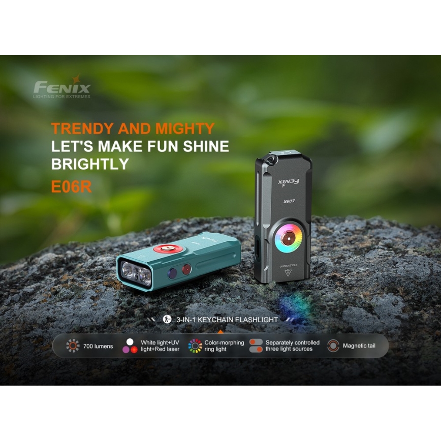 Fenix E06RTKS - LED Stmievateľná nabíjacia baterka UV LED/USB IP66 700 lm 60 h 750 mAh tyrkysová