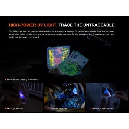 Fenix E06RTKS - LED Stmievateľná nabíjacia baterka UV LED/USB IP66 700 lm 60 h 750 mAh tyrkysová