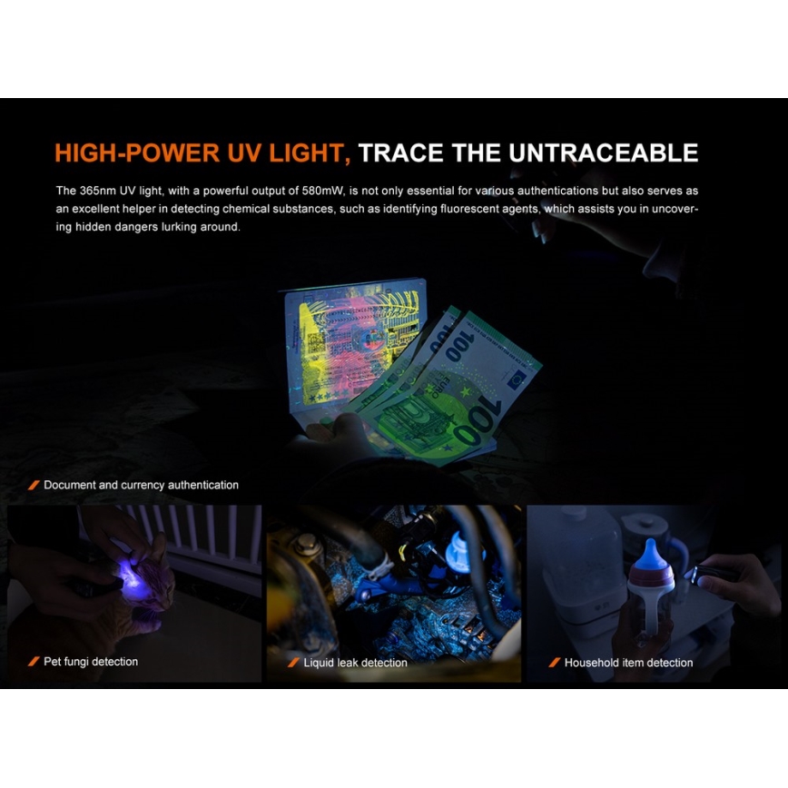 Fenix E06RTKS - LED Stmievateľná nabíjacia baterka UV LED/USB IP66 700 lm 60 h 750 mAh tyrkysová