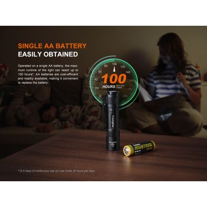 Fenix E12V30 - LED stmievateľná nabíjateľná baterka LED/1xAA 2000 mAh IP68 200 lm 100 h čierna