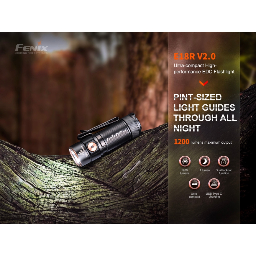 Fenix E18RV20800 - LED stmievateľná nabíjateľná baterka LED/USB/1xCR123A 800 mAh IP68 1200 lm 200 h čierna
