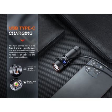 Fenix E18RV20800 - LED stmievateľná nabíjateľná baterka LED/USB/1xCR123A 800 mAh IP68 1200 lm 200 h čierna