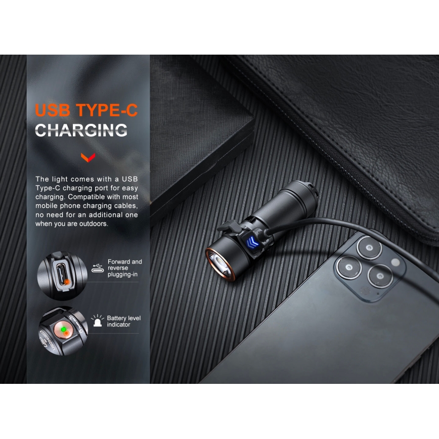 Fenix E18RV20800 - LED stmievateľná nabíjateľná baterka LED/USB/1xCR123A 800 mAh IP68 1200 lm 200 h čierna