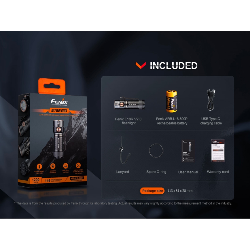 Fenix E18RV20800 - LED stmievateľná nabíjateľná baterka LED/USB/1xCR123A 800 mAh IP68 1200 lm 200 h čierna