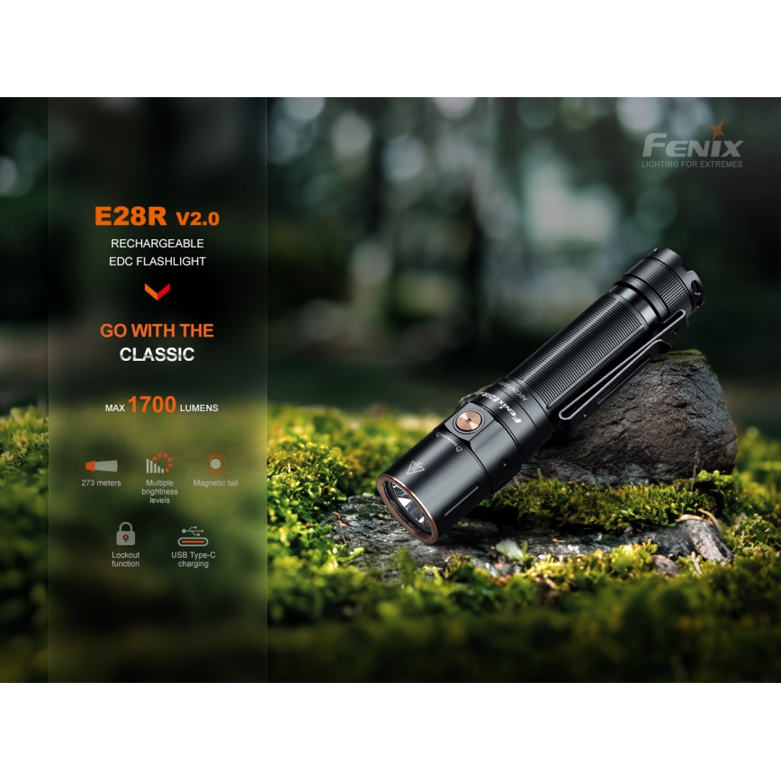 Fenix E28RV20 - LED Stmievateľná nabíjacia baterka LED/USB/2xCR123A IP68 1700 lm 260 h 3400 mAh