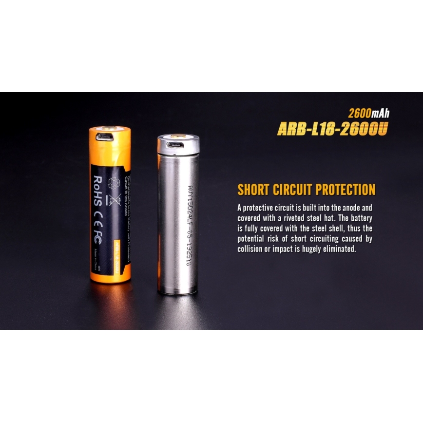 Fenix FE18650LI26USB - 1 ks Nabíjateľná batéria s USB, 3,6 V, 2600 mAh