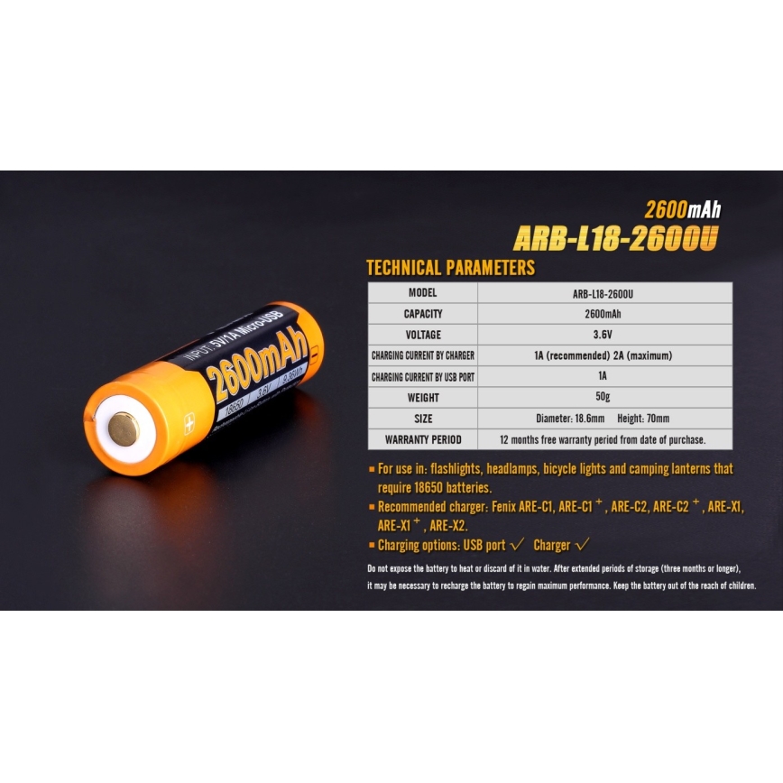 Fenix FE18650LI26USB - 1 ks Nabíjateľná batéria s USB, 3,6 V, 2600 mAh