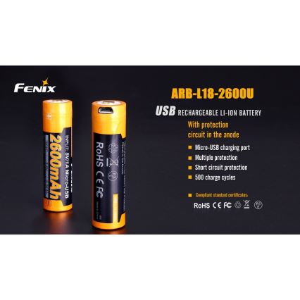 Fenix FE18650LI26USB - 1 ks Nabíjateľná batéria s USB, 3,6 V, 2600 mAh