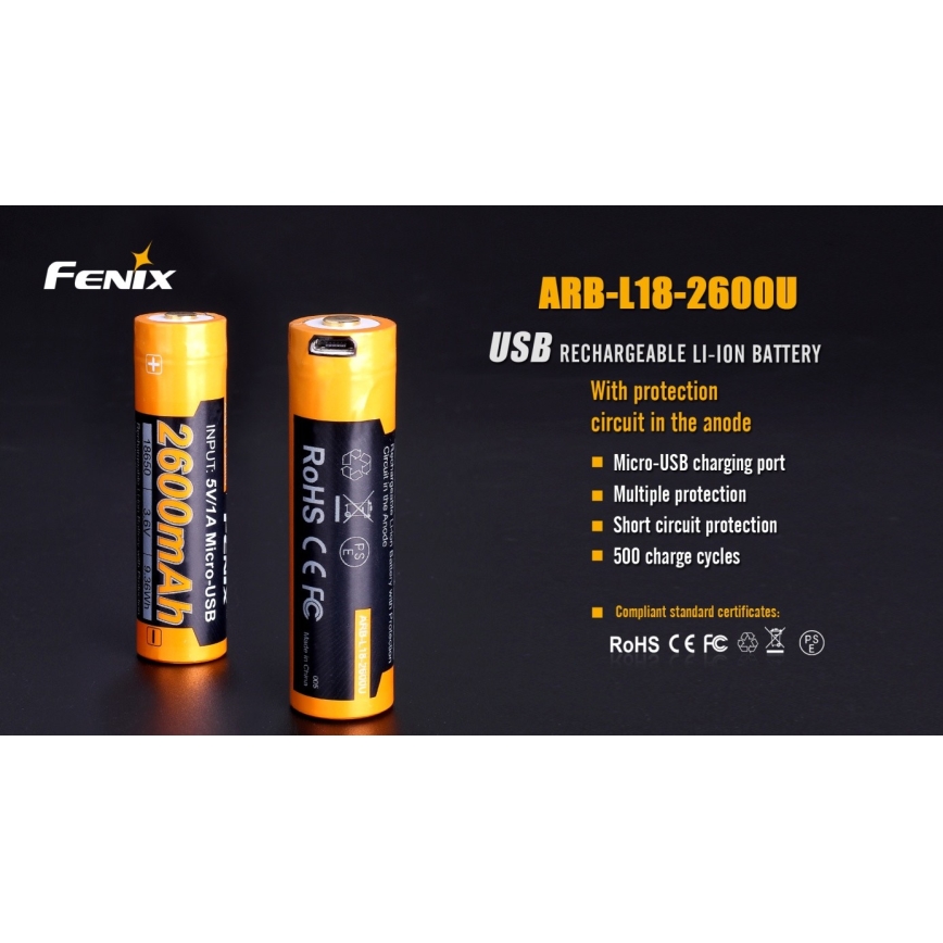 Fenix FE18650LI26USB - 1 ks Nabíjateľná batéria s USB, 3,6 V, 2600 mAh