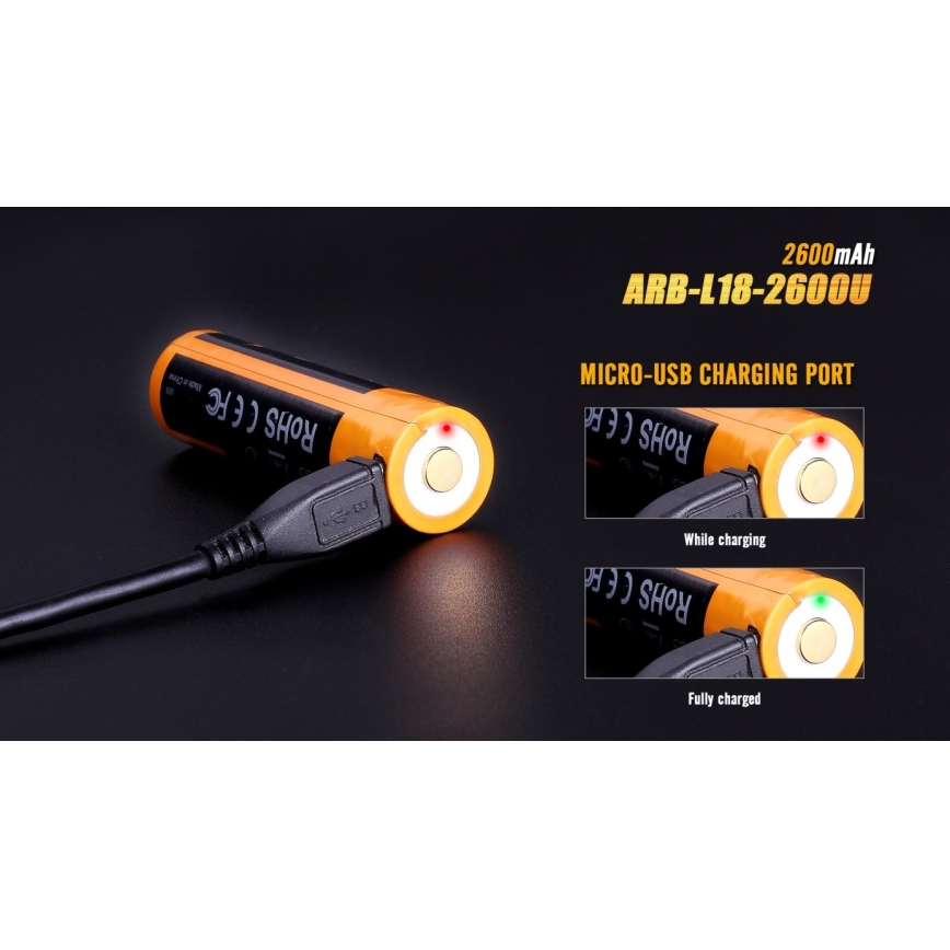 Fenix FE18650LI26USB - 1 ks Nabíjateľná batéria s USB, 3,6 V, 2600 mAh