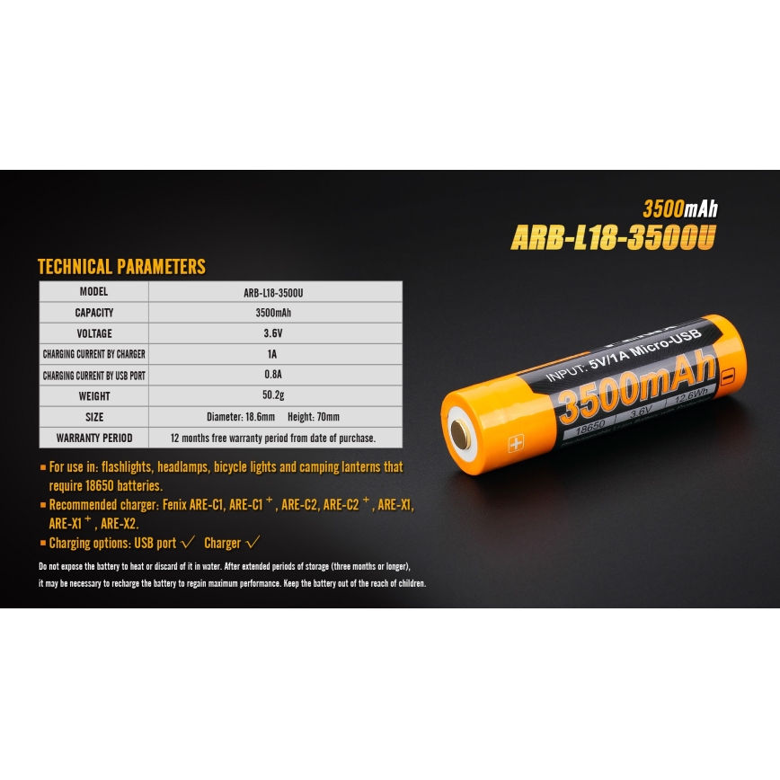 Fenix FE18650LI35USB - 1 ks USB nabíjateľný lítium-iónový akumulátor/3,6V 3500 mAh