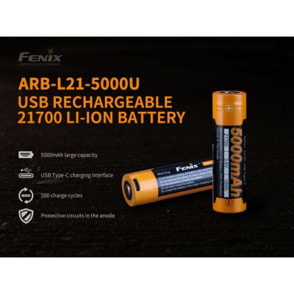 Fenix FE21700USB - 1ks Nabíjacia batéria USB/3,6V 5000 mAh