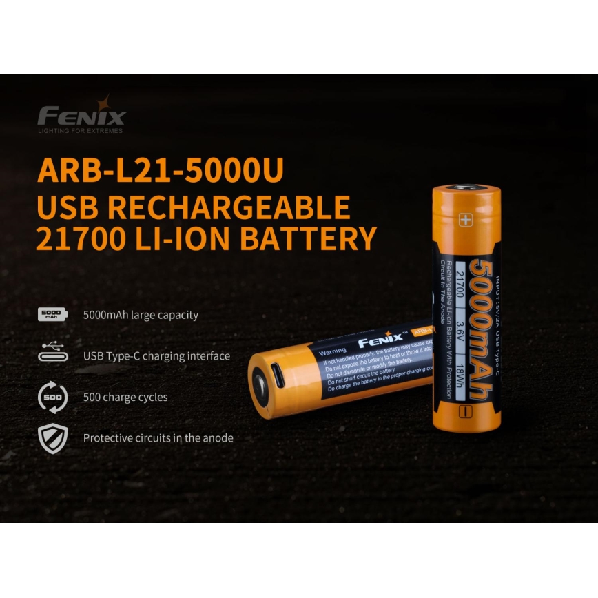 Fenix FE21700USB - 1ks Nabíjacia batéria USB/3,6V 5000 mAh