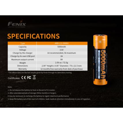 Fenix FE21700USB - 1ks Nabíjacia batéria USB/3,6V 5000 mAh