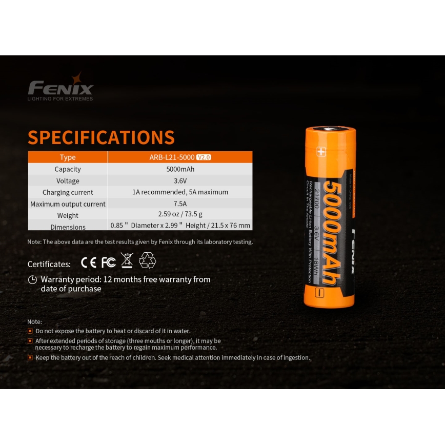 Fenix FE21700V20 - 1 ks Nabíjateľná batéria 21700/3,6 V 5000 mAh