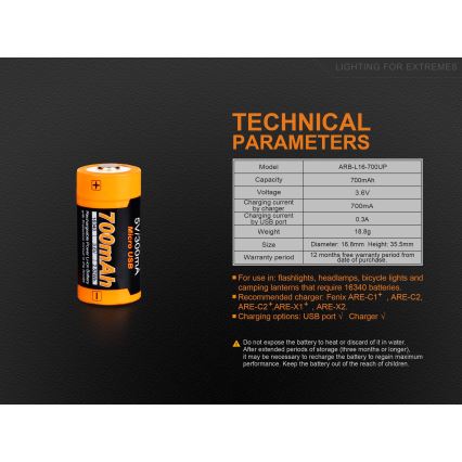 Fenix FERCR123ALIIONUP - 1 ks Nabíjateľná batéria USB/3,6 V 700 mAh