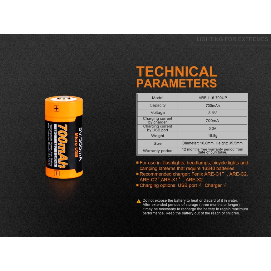 Fenix FERCR123ALIIONUP - 1 ks Nabíjateľná batéria USB/3,6 V 700 mAh