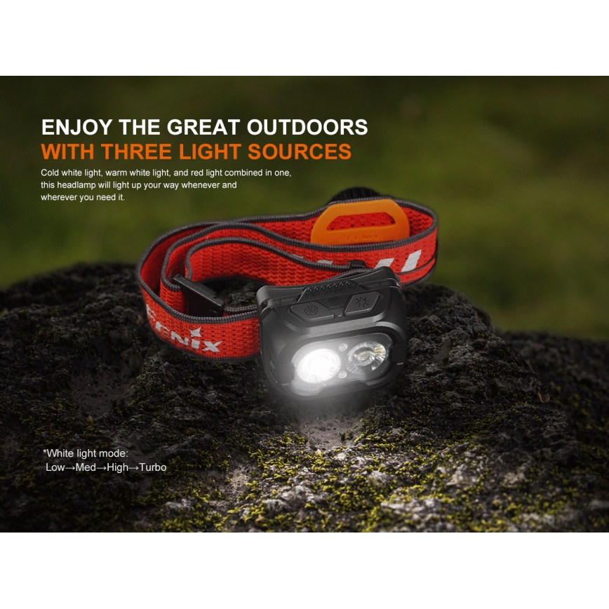 Fenix HL18RTV20BLC - LED Stmievateľná nabíjacia čelovka LED/USB/3xAAA IP66 800 lm 160 h 1900 mAh čierna/oranžová