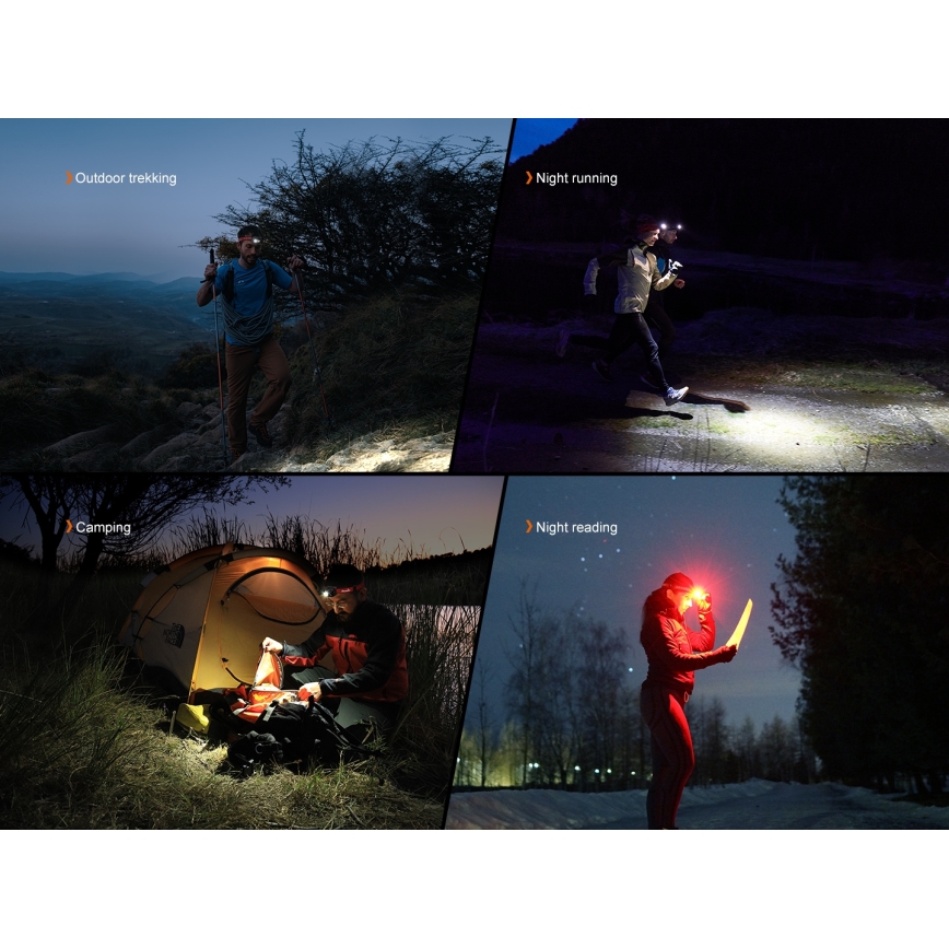 Fenix HL18RTV20BLC - LED Stmievateľná nabíjacia čelovka LED/USB/3xAAA IP66 800 lm 160 h 1900 mAh čierna/oranžová