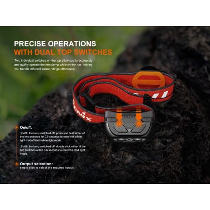 Fenix HL18RTV20BLC - LED Stmievateľná nabíjacia čelovka LED/USB/3xAAA IP66 800 lm 160 h 1900 mAh čierna/oranžová
