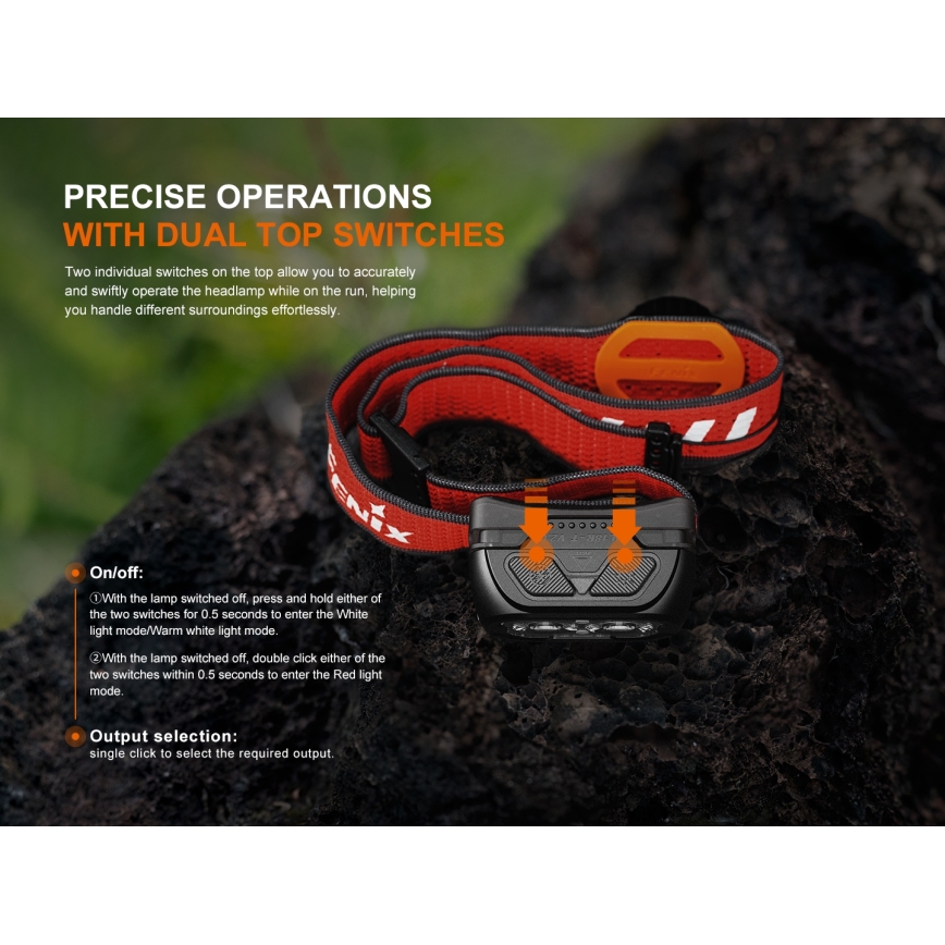Fenix HL18RTV20BLC - LED Stmievateľná nabíjacia čelovka LED/USB/3xAAA IP66 800 lm 160 h 1900 mAh čierna/oranžová