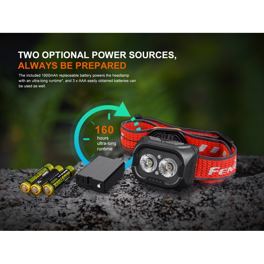 Fenix HL18RTV20BLC - LED Stmievateľná nabíjacia čelovka LED/USB/3xAAA IP66 800 lm 160 h 1900 mAh čierna/oranžová