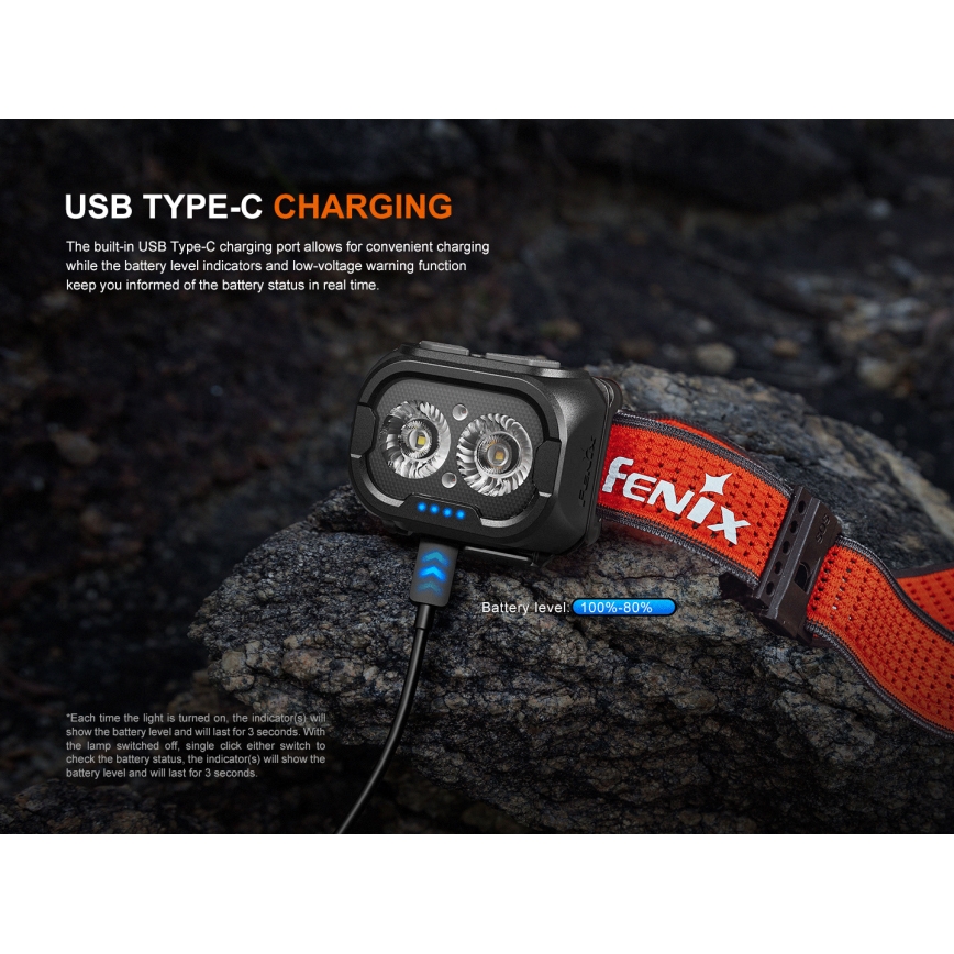 Fenix HL18RTV20BLC - LED Stmievateľná nabíjacia čelovka LED/USB/3xAAA IP66 800 lm 160 h 1900 mAh čierna/oranžová