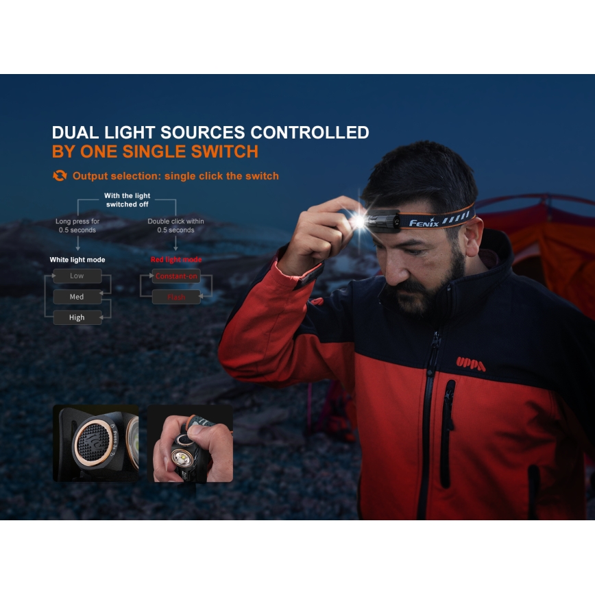 Fenix HM23V20 - LED Stmievateľná čelovka LED/1xAA IP68 300 lm 100 h