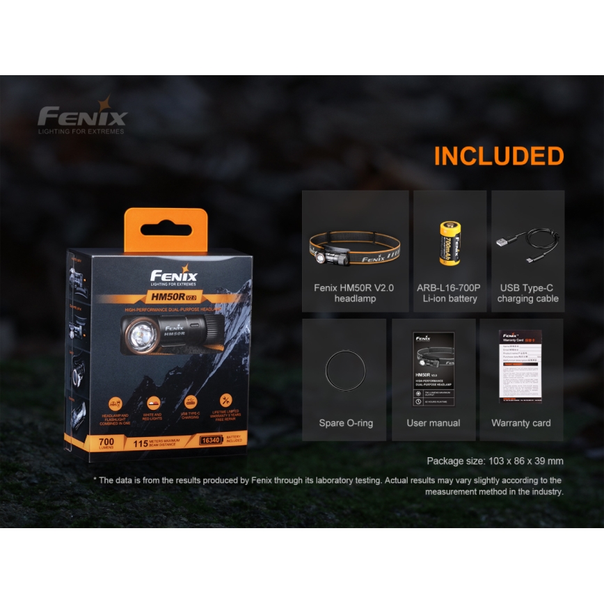 Fenix HM50RV20 - LED Nabíjacia čelovka 3xLED/USB/1xCR123A IP68 700 lm 120 h 700 mAh
