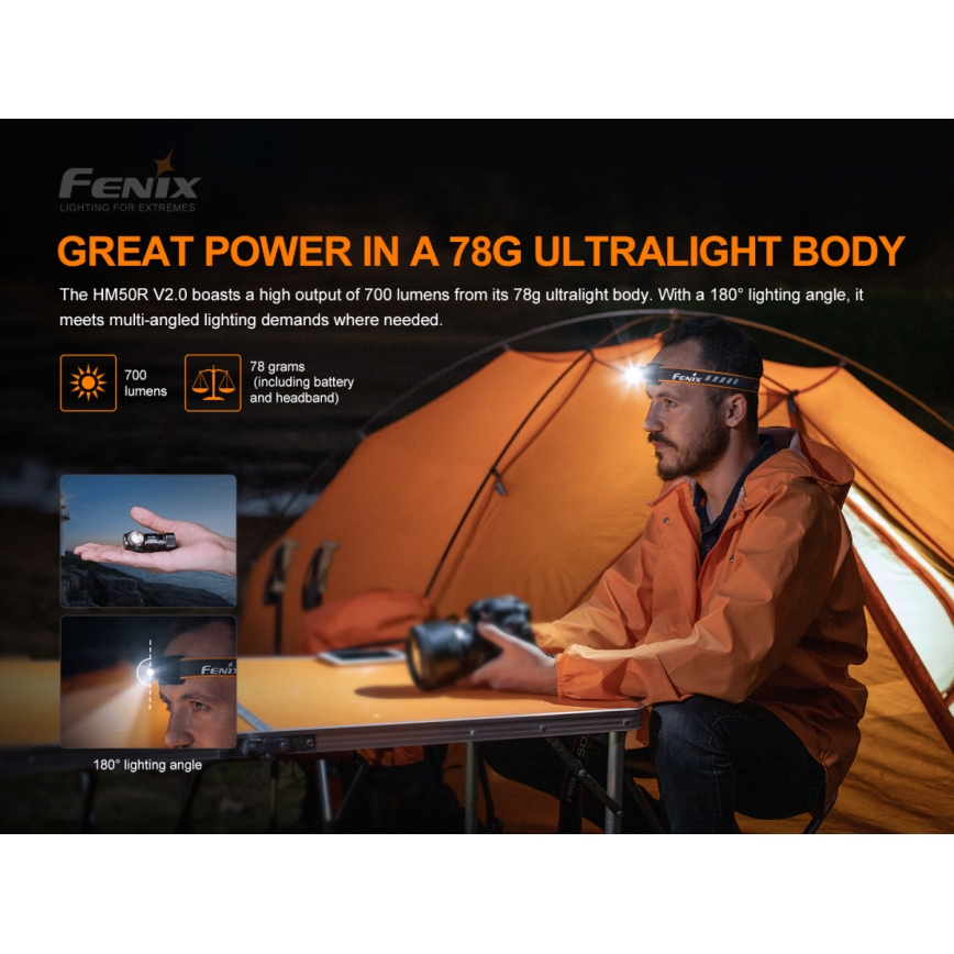 Fenix HM50RV20 - LED Nabíjacia čelovka 3xLED/USB/1xCR123A IP68 700 lm 120 h 700 mAh