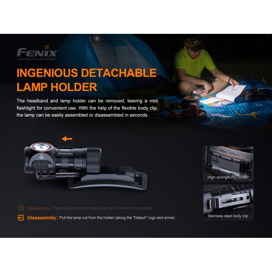 Fenix HM50RV20 - LED Nabíjacia čelovka 3xLED/USB/1xCR123A IP68 700 lm 120 h 700 mAh