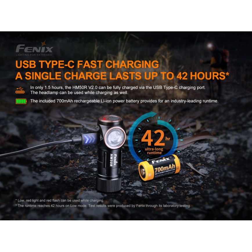 Fenix HM50RV20 - LED Nabíjacia čelovka 3xLED/USB/1xCR123A IP68 700 lm 120 h 700 mAh