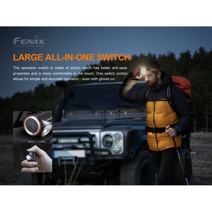 Fenix HM51RV30 - LED stmievateľná nabíjateľná čelovka LED/USB/1xCR123A 950 mAh IP68 860 lm 125 h oranžová