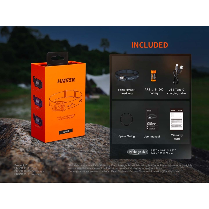 Fenix HM55RABL - LED stmievateľná nabíjateľná čelovka LED/USB/1xCR123A 1600 mAh IP68 1200 lm 141,2 h čierna